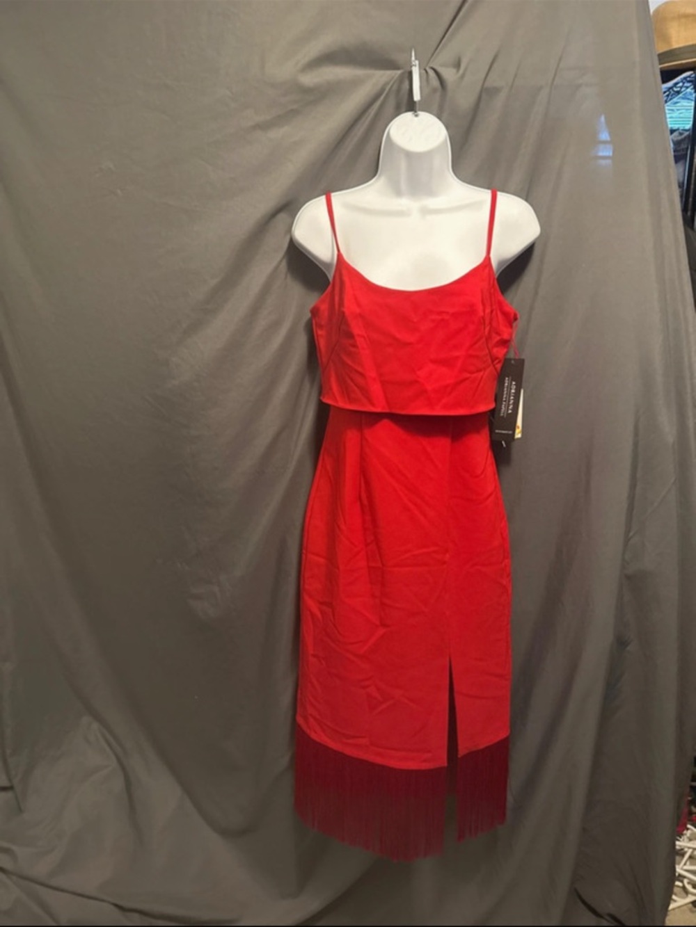 Adrianna Papell Red Spaghetti-Strap Fringe Midi Dress